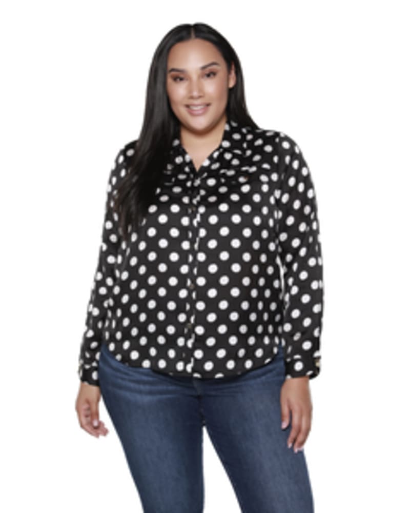 Front of a model wearing a size 1X Delilah Button Up Polka Dot Top in BLACK/WHITE by Belldini Black Label. | dia_product_style_image_id:245888